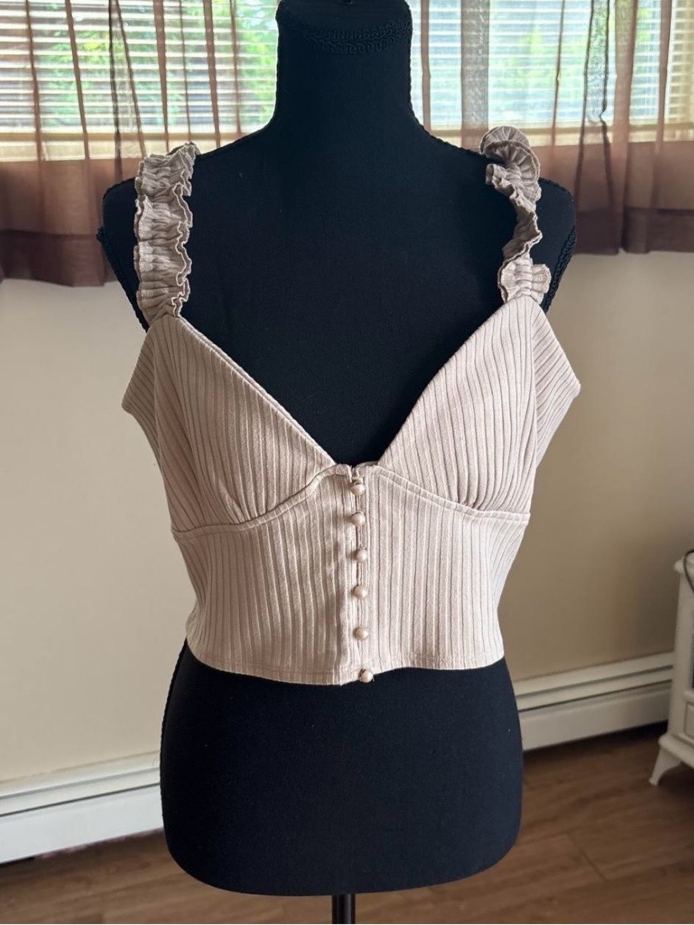 Ruffled-Strap Ribbed Crop Top in Light Beige